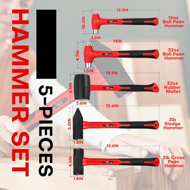 ct 5-Piece Hammer Set, 16oz Ball Peen Hammer | 32oz Ball Peen Hammer | 32oz Rubber Mallet | 3lb Sledge Hammer | 3lb Cross Peen, Fiberglass Handle & Mallet Set - Image 4